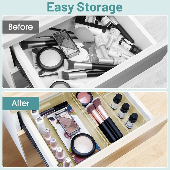 25 PCS Plastic Drawer Organizer Set, Makeup Organizers and Storage Bins | 4 Sizes Desk Drawer Divider Organizers and Storage Bins for Jewelry, Gadgets for Kitchen, Bedroom, Bathroom, Clear Champagne