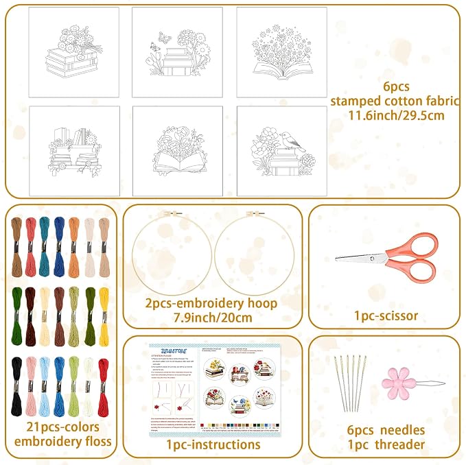 BEUNITONE 6 Set Books Flowers Embroidery Kit for Adult Beginners with Hoops and Instructions Literary Themed Needlepoint Craft Kits Complete DIY Handmade Cross Stitch Set for Book Lovers Home Decor