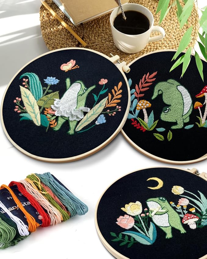 TINDTOP 3 Sets Embroidery Kit for Adults, Frog Embroidery Practice Kit | for Beginners Include Embroidery Cloth Hoops Threads for Craft Lover Hand Stitch with Embroidery Skill Techniques