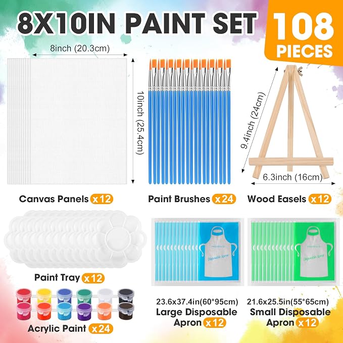 ESRICH 12 Pack 8x10 Canvas and Easel Set, Mini Acrylic Paint, Paint Brushes, Palettes, Aprons, Painting Kits for Adults Couples Friends Date Night Sip and Paint Party Supplies