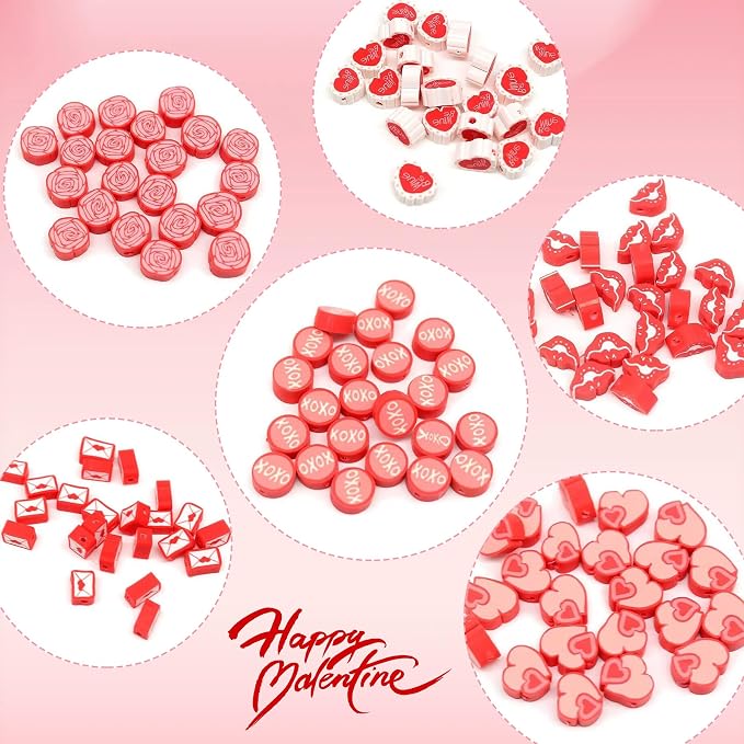 100 Pcs Valentine's Day Polymer Clay Beads Mixed Heishi Spacer Beads Supplies for DIY Bracelet Earring Necklace Jewelry Making