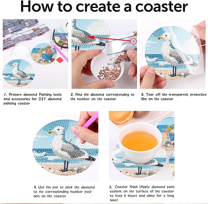 askkqtx 8 Pcs Beach Diamond Art Coasters Kits with Holder 4X4 Inch