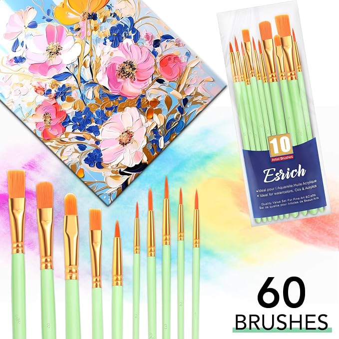 ESRICH 60PCS Paint Brushes, Paint Brush for Acrylic Painting | Artist Paintbrushes for Oil Watercolor, Body Face Rock Canvas, Small Paint Brushes for Kids, Green