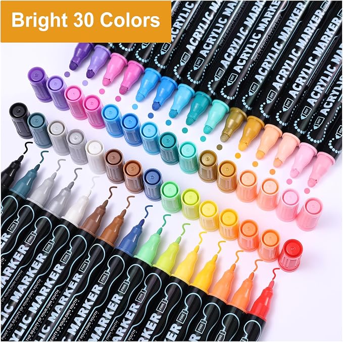 nauets 30 Colors Precision Dual Tip Acrylic Paint Markers Pens - Dot & Fine | Works on Rock, Wood, Fabric, Canvas, Glass, Scrapbook, Paper, Ceramic, Egg, DIY Craft Art Gift - Classroom & School Supplies
