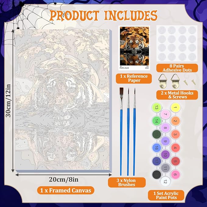 DOMROM Tiger Paint by Numbers Kit for Adults, Tiger DIY Acrylic Oil Painting on Canvas, Fall Paint by Number Kit, Home Decor Craft Gift 8x12 Inch
