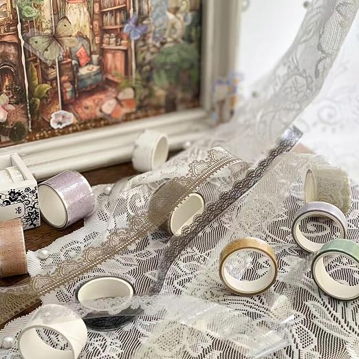 6 Rolls Lace Patterns PET Tapes Floral Arts Decorative Tape Set Adhesive Transparent Masking Tapes for DIY Craft, Kids, Scrapbook, DIY, Gift Wrapping, Journal (Tranquil Dew)