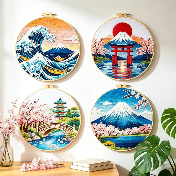 BEUNITONE 4 Pcs Embroidery Kit for Beginner, Ukiyo-e Style Landscape Wave Pattern Embroidery Materials, Cross Stitch Set with Cloth, Thread, Needle and Hoop Tools for Friendship Gift and Home Decor