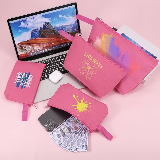 10 Pieces Cotton Canvas Makeup Bag with Bottom and Strap, Multi-Purpose Cosmetic Bag with Zipper Travel Toiletry Pouch, Blank DIY Craft Bag (Hot Pink, L)