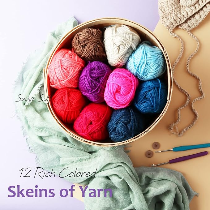 Hearth & Harbor Acrylic Yarn Skeins 12 x 50g - 1200 Yards - Yarn for Crocheting - Soft Yarn for Knitting and Crafts - Multicolored Crochet Craft Yarn for Adults and Kids - 12 Pack (VDS-HH-Yrn12)