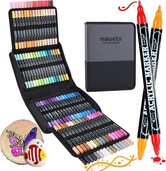 100 Colors Precision Dual Tip Acrylic Paint Markers Pens - Dot & Fine | Works on Rock, Wood, Fabric, Canvas, Glass, Scrapbook, Paper, Ceramic, Egg, DIY Craft Art Gift - Classroom & School Supplies