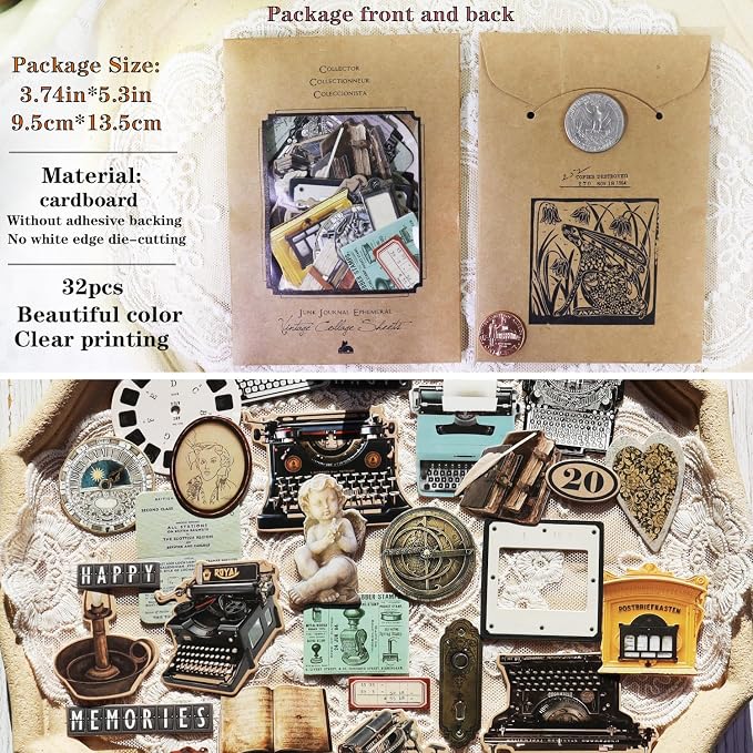 CATaireen Vintage Junk Journal Items Kit Pre Cut Paper Cards Cutout Cardstock Art Aesthetic Decor Hollow Out Craft Elements Small Embellishments Supplies for Adults Scrapbook Pack (Typewriter)
