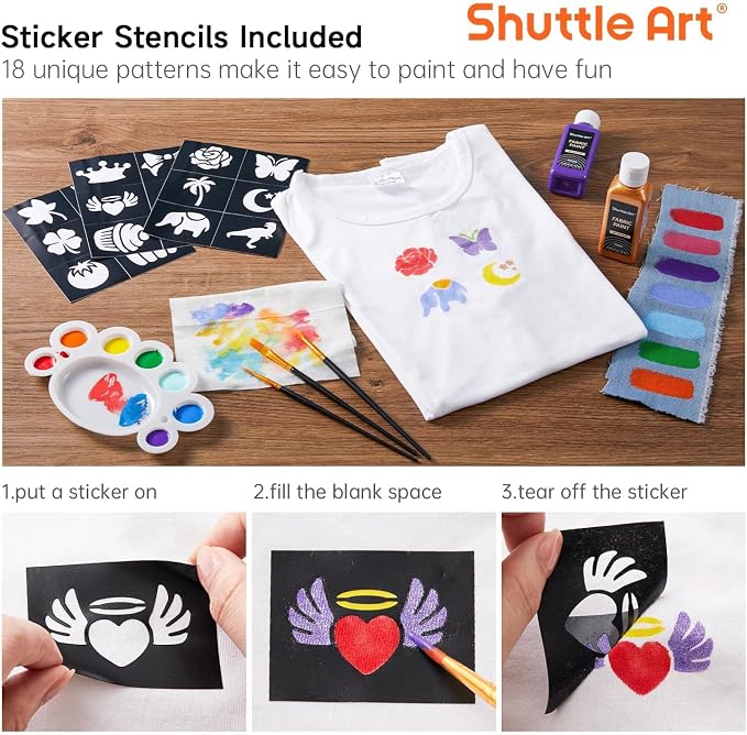 Shuttle Art Fabric Paint 24 Colors Permanent Soft Fabric Paint in Bottles (60ml/2oz) with Brushes &Stencils, Non-Toxic Textile Paint for T-Shirts, Shoes, Jeans, Bags, DIY Projects & Crafts