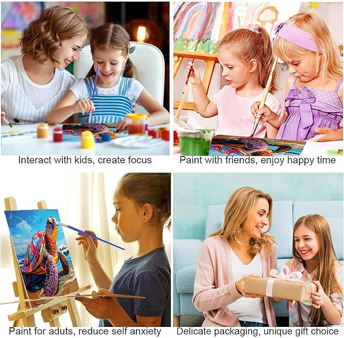 ajepon Sea Turtle Paint by Numbers Kit for Kids with Frame - Cute Turtle Paint by Number for Kids, Kid Painting by Number Kits Age 8-12 for Home Wall Decor 8X8inch (with Wooden Easel)
