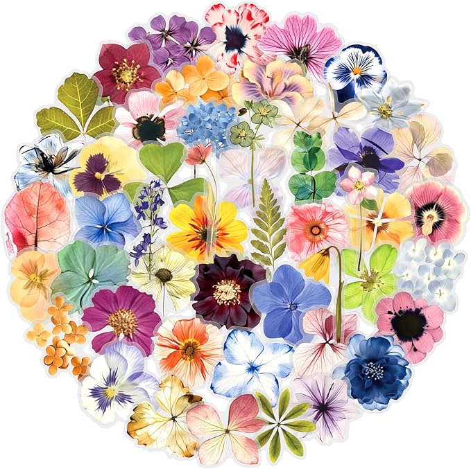 50pcs Press Flowers Stickers Transparent Vinyl Laptop Waterproof Decals for Water Bottles Skateboard Computer Cars Luggage Phone,Graffiti Stickers Pack for Teens Girls Kids Adults(Colourful-F13)