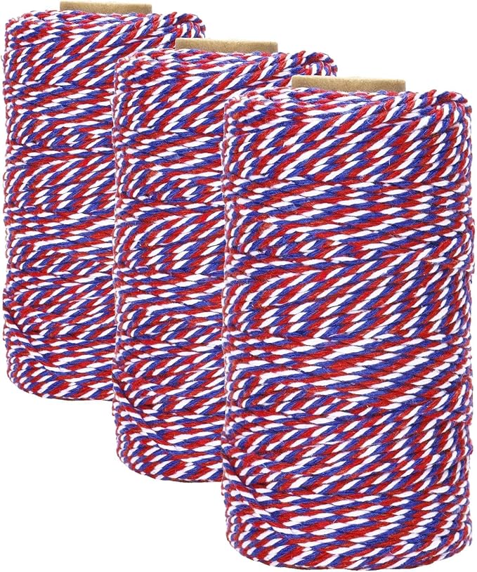 jijAcraft Red White and Blue String, 2MM Cotton Twine, 328Ft Bakers Twine, Wrapping String, Decoration Cotton Strings for 4th of July, Memorial Day, Veteran's Day (Pack of 3)