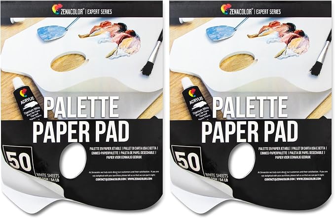 Zenacolor - Paper Palette Pad - 50 Removable and Disposable Sheets for Painters - 80gsm, 24lb - Paint Mixing Palette for All Paints (Oil, Acrylic, Watercolor,...) (Pack of 2)
