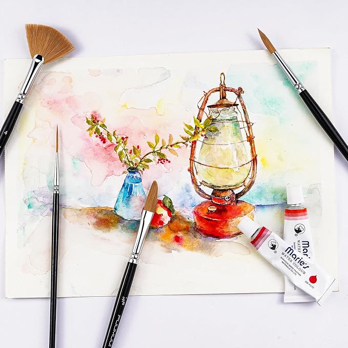 Sable Watercolor Brushes Professional Kolinsky Sable Brushes 7pcs - Dagger, Pointed Rounds, Rigger, Long Flat, Fan Brush Set for Watercolor Gouache Acrylic Inks Painting