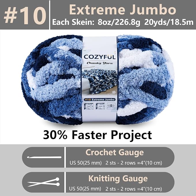 Cozyful Chunky Yarn for Hand Knitting - #10 Chunky Chenille Blanket Yarn, Jumbo Big Thick Chunky Yarns for Crocheting, Tie Dye Bulky Knit Yarns, 8 Skein (20 yds 8 oz Each Skein), Multi Blue & White