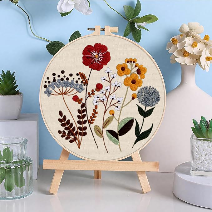 ERKOON 3 Sets Embroidery Kit, Floral Cross Stitch Set for Include Embroidery Cloth Hoops Threads for Craft Lover Hand Stitch (Plants & Flowers)