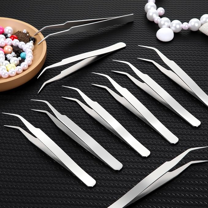 Honoson 9 Pcs Curved Pointed Craft Tweezers Precision Tweezer,Silver