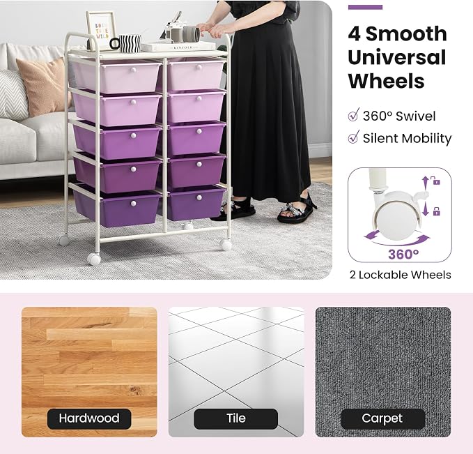 Giantex 10 Drawers Rolling Cart, Classroom Organizers, Storage Cart with Wheels, for Teacher Office Home School Supplies Tool Craft Art Paper, Purple Gradient