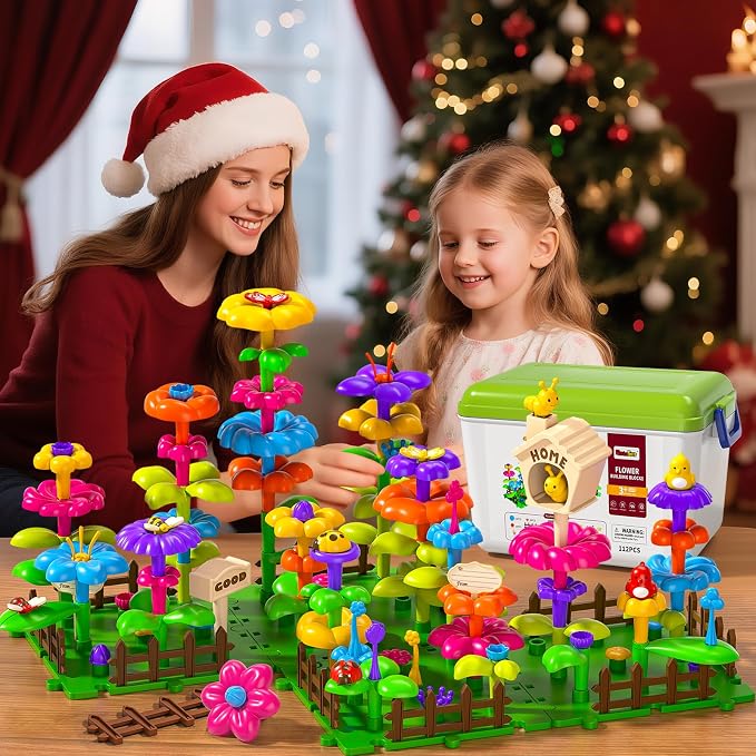 112 Pcs Flower Garden Toy, Toddler Girl Toys 3-4 Years Old Girls Gardening Building Gifts Set Best Educational Learning Fine DIY Crafts Stem Construction Stacking Kit for 3 4 5 6 7 Year Kids Birthday