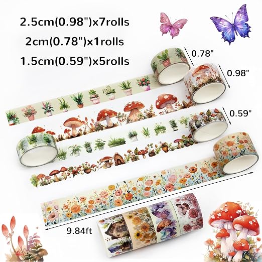 Washi Tape Set 13 Rolls - Mushroom Butterfly Floral Decorative Tape for Scrapbooking Supplies, Junk Journal, DIY Crafts, Arts