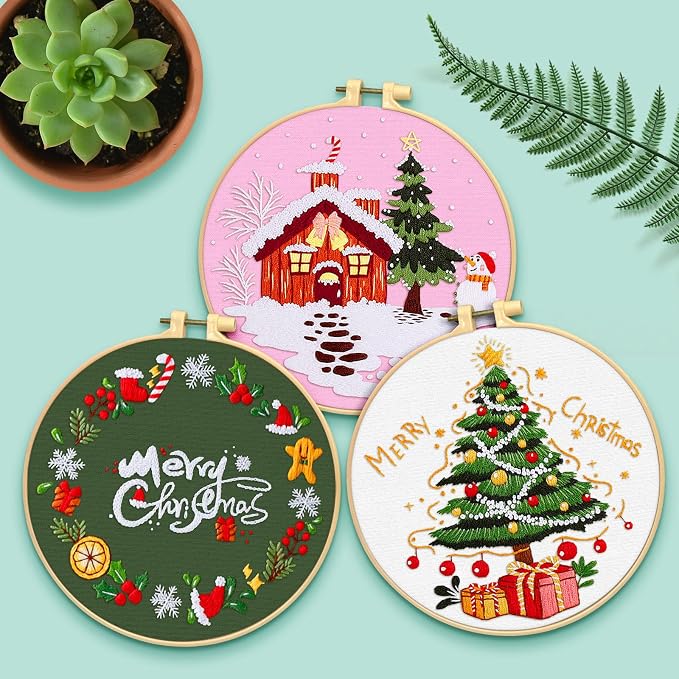 ERKOON 5 Sets Embroidery Kit for Beginners, Christmas Cross Stitch Set with Easy Pattern Embroidery Cloth Hoops Threads for Craft Lover Hand Stitch