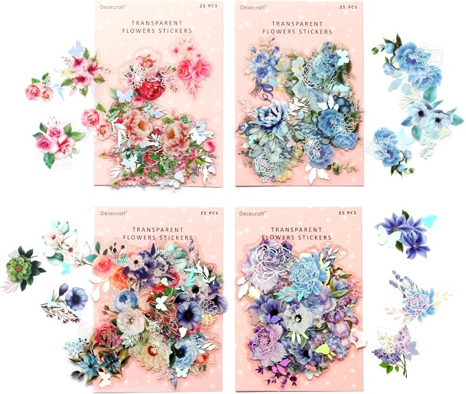100 Pcs Holographic Nature Flower Stickers, Clear PET Transparent Foil Decorative Adhesive for Scrapbooking, Journaling, Card Making — Waterproof Craft Stickers