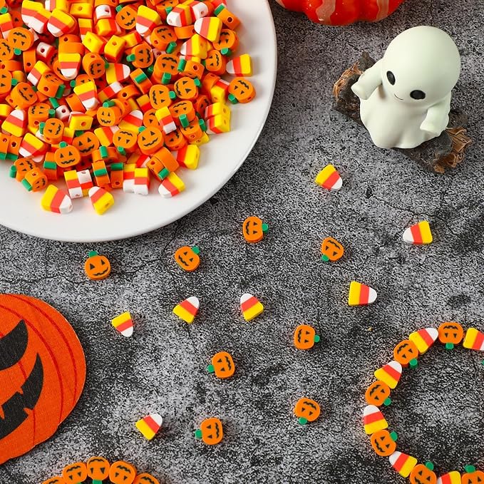 Augshy 300Pcs Halloween Polymer Clay Beads Pumpkin Candy Corn Shaped Beads