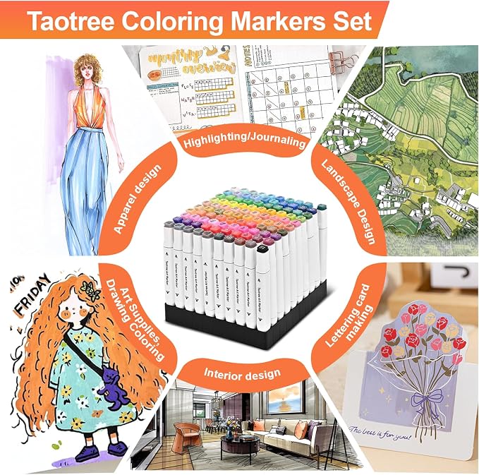 Taotree Alcohol Markers 100 Colors & Case & Holders, Dual Tips Art Markers | Coloring Pens Set, Chisel & Fine Art Supplies for Adult Coloring Books, Artist Sketch Pens Drawing Set, Painting, Sketching
