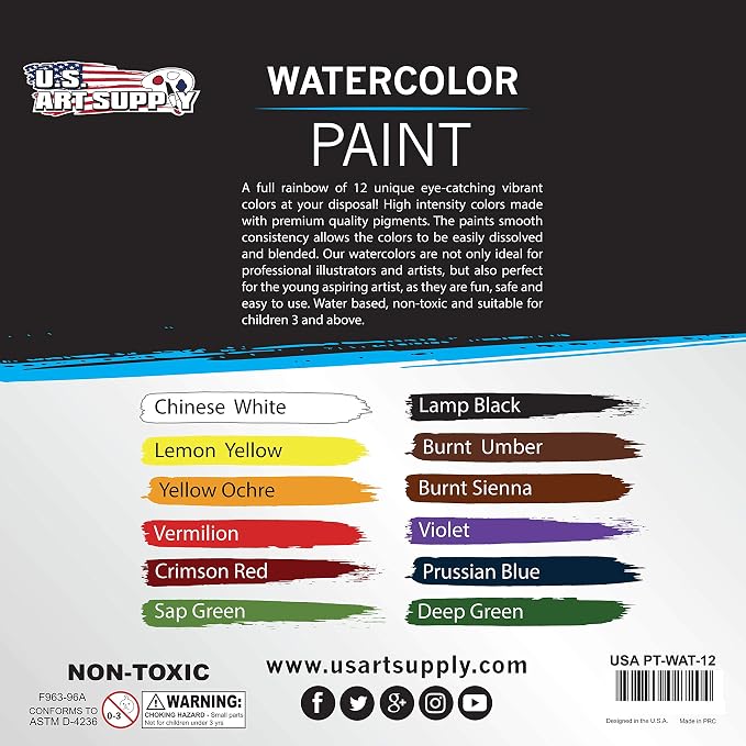 U.S. Art Supply Professional Watercolor Paint Set, 12 Colors in 12ml Tubes