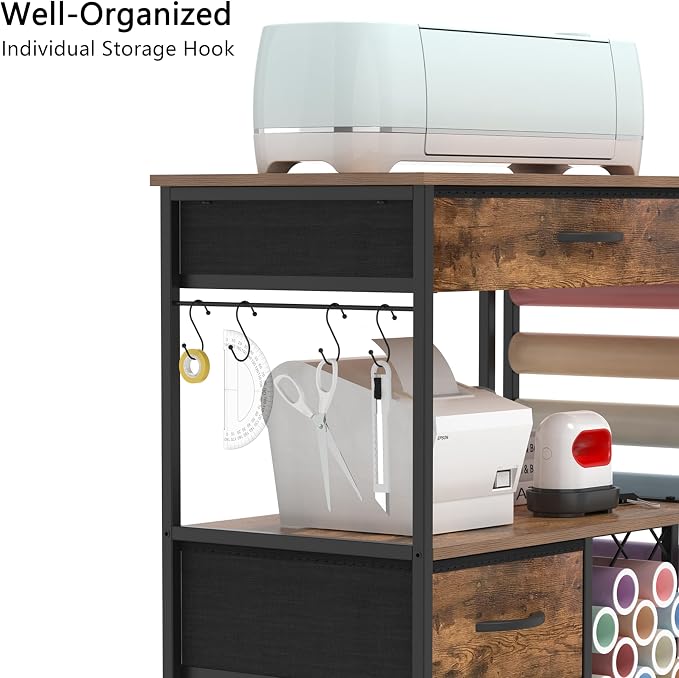 VENNQD Storage Cart Compatible with Cricut Machines Stand Cutting Machine Stand with Drawers and Vinyl Roll Holder Rolling Craft Cabinet Table for Cricut Craft Workstation (Rustic Brown)