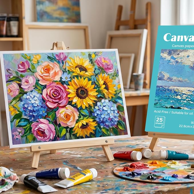 Prudiut Canvas Paper Pad 9x12 in, 25 Sheets, 180 GSM, Glue Bound | Canvas-Textured Surface, for Acrylic & Oil Painting, Easy Tear-Off Pages, for Students, Kids & Hobbyists
