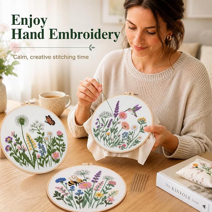 Nuberlic Embroidery Kit for Beginners, 3 Pack Floral Stamped Embroidery Starter Kit with Hoop, Pre Printed Flower Patterns, Threads, Needles and Step by Step Instructions, DIY Needlework Gift
