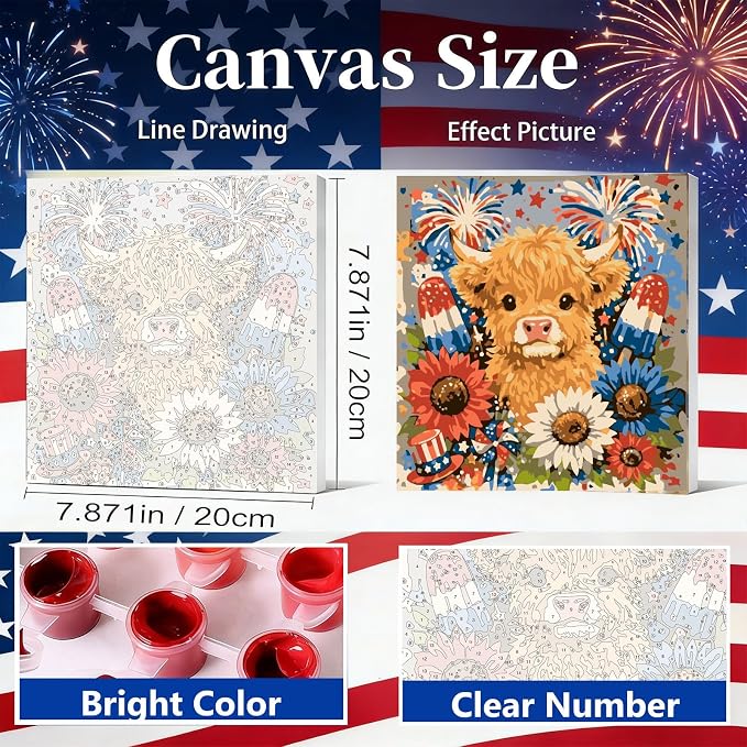 Gemozaic 4th of July Framed Paint by Numbers Kit for Adults and Kids 8-12, Patriotic Highland Cow Paint by Number Kits for Adult for Independence Day Gift, Home, Office, Wall Decor, 8 x 8 Inch