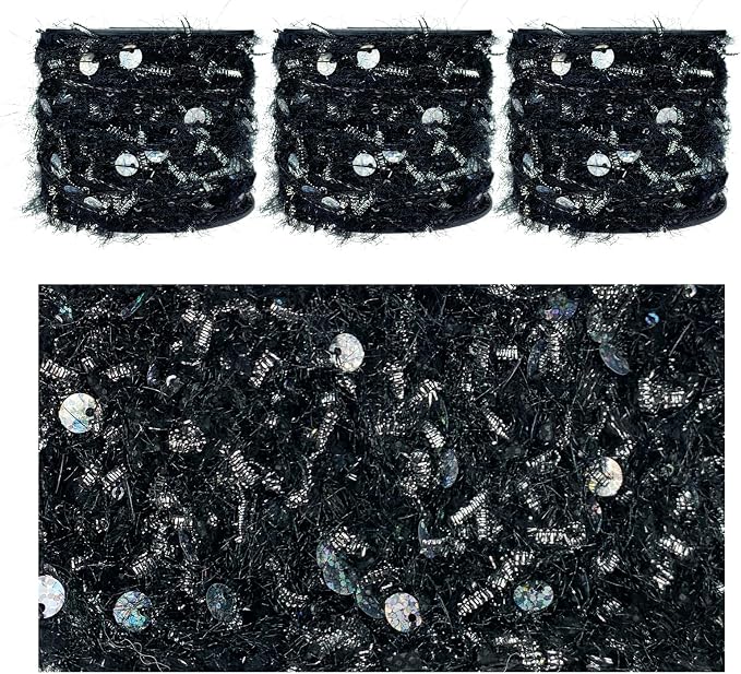 Artisanal Yarn Collection Multifiber Fancy Yarn with Metallic Silver Bow and Laser Sequins for Knitting Crocheting Crafts DIY, Set of 3 Rolls (Black & Silver)