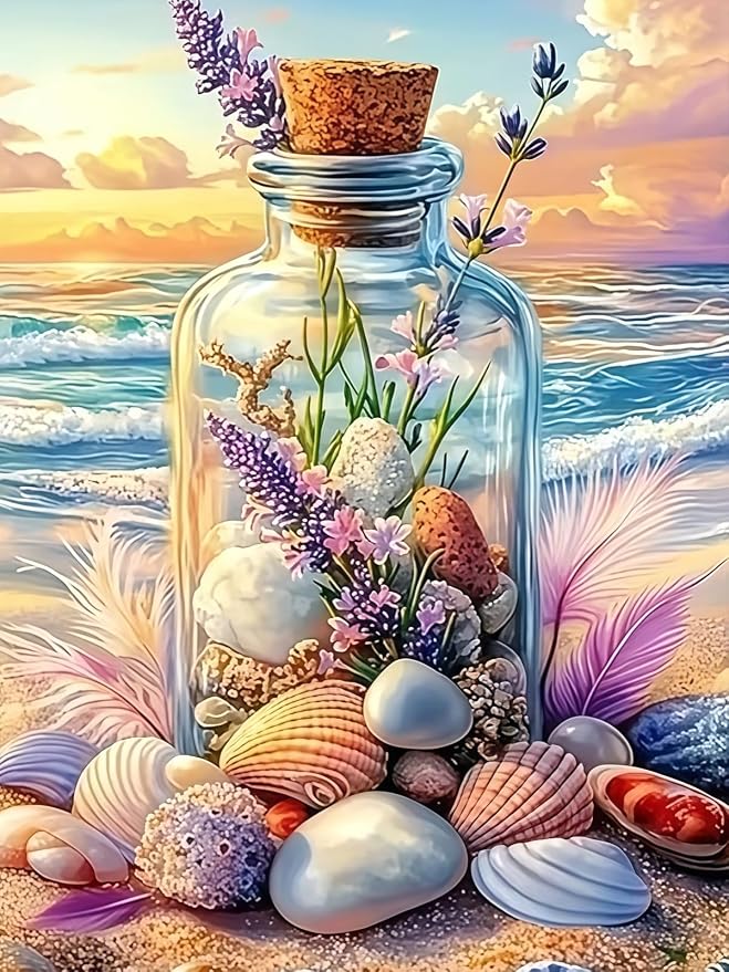 5D Beach Seashell Bottle Diamond Art kits for Adults Beginners 12x16 Inch | Diamond Painting Kit DIY Full Round Drill Paint by Diamonds Dot Gem Art for Adult, Home Wall Decor