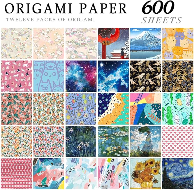 12 Different Packs Full Collection Origami Paper, 6-Inch Double Sided Color | 70GSM Colorful Paper,Various Pattern Origami Set,DIY Hand Crafts Kit,Arts Creativity,Easy to Fold,No-Fading.