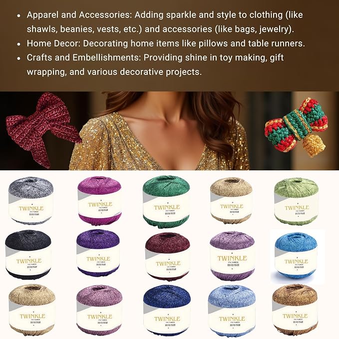 Pack 2 Twinkle Metallic Glitter Yarn Sparkle Fine 1 Light Fingering Weight Worsted Gold Silver for Crochet Knitting, 25g 0.88oz, 175yard Soft Craft Shawls Bags Lurex
