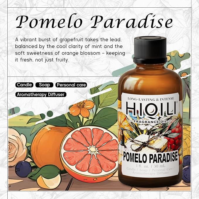 HIQILI Pomelo Paradise Fragrance Oil for Candle & Soap Making, Inspired by Alr-Cologne P.Paradis, Fresh Scents for Home Diffuser, Scenting Skin & Body, Bathroom - 1.0 Fl Oz(Pack of 1)