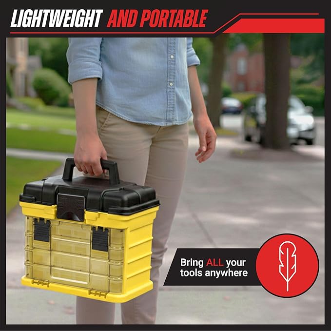 Portable Tool Box - Small Parts Organizer with Drawers and Customizable Compartments for Hardware, Tackle, Beads, or Crafts by Stalwart (Yellow)