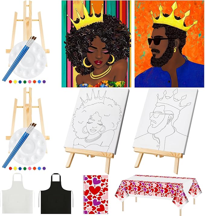 Yeaqee 13 Pcs Sip and Paint Kit for Adults Stretch Canvas Date Night Valentines Painting Kit Supplies Art Painting Set Outline Design Blank Stretch Canvas for Couple Party(Afro King Queen,11x14)