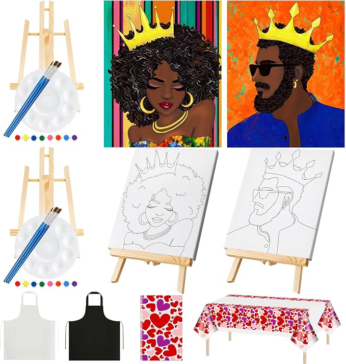 Yeaqee 13 Pcs Sip and Paint Kit for Adults Stretch Canvas Date Night Valentines Painting Kit Supplies Art Painting Set Outline Design Blank Stretch Canvas for Couple Party(Afro King Queen,8x10)