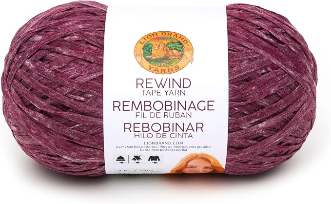 Lion Brand Yarn, Rewind Bulky Flat Tape Yarn for Crochet, Knitting and Crafts, Current Situation, 1 Pack, Soft Fiber for Bags, Summer Hats, and Shawls, Cranberry Red