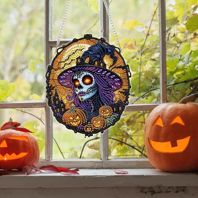 Bowetile Stained Glass Witch Diamond Art Hanging Kits for Adults, Gothic Diamond Art Suncatchers Halloween, 5D Special Shape Diamond Painting Pendant Window Ornament Gift for Home Wall Decor
