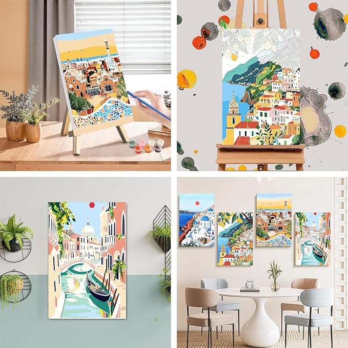 4 Pcs Cityscape Paint by Numbers for Adult with Frame Canvas - Wooden Easel | Scenery-Cityscape Paint by Number on Canvas, Landscape Acrylic Oil Painting Kits with Brushes for Home Wall Decor (8x12 inch)