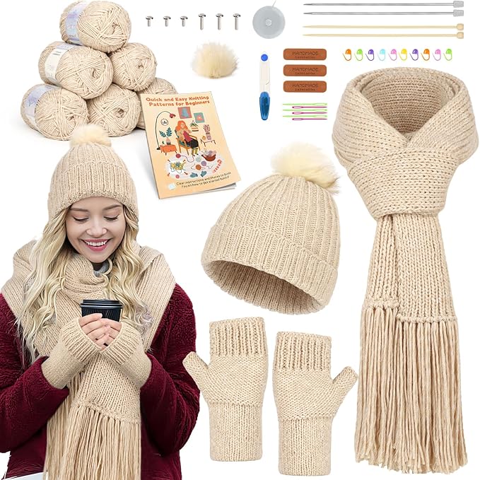 Katech Knitting Kit for Beginner- Learn to Knit Kit for Adults & Kids | Complete Hat, Scarf, Gloves Starter Knitting Kit with Step-by-Step Video Tutorials-Ideal Gift