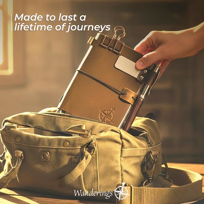 WANDERINGS Pocket Size Travelers Notebook Bundle – 4" x 5.1" (10 x 13cm) – Genuine Leather Journal with Pen Holder, Pen, 2 Ink Refills, PVC Folder & Binder Clip