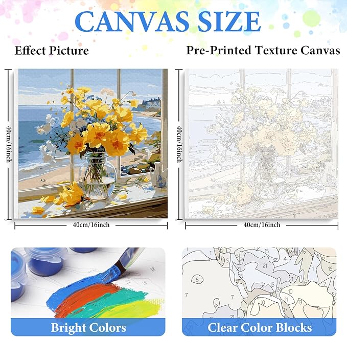 PRASIO Framed Paint by Numbers Kit for Adults Beginner with Easel, Flowers Adult Paint by Number Kits on Canvas Framed, DIY Acrylic Watercolor Oil Paint by Number with Frame for Home Decor 16x16 Inch